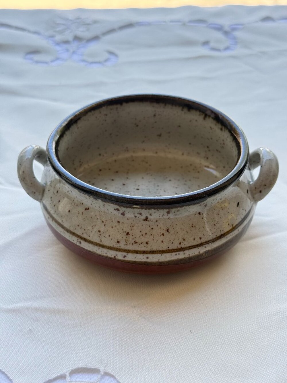 Vintage Speckled Stoneware Soup Crock with Handles Rustic Ceramic Bowl